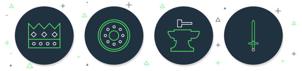 Poster - Set line Round wooden shield, Anvil for blacksmithing hammer, King crown and Medieval sword icon. Vector