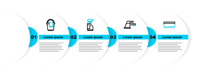 Poster - Set line Sponge with bubbles, Water tap, Spray bottle detergent liquid and Bucket rag icon. Vector