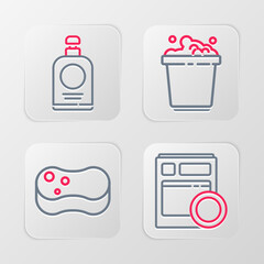 Sticker - Set line Kitchen dishwasher machine, Sponge, Bucket with soap suds and Hand sanitizer bottle icon. Vector