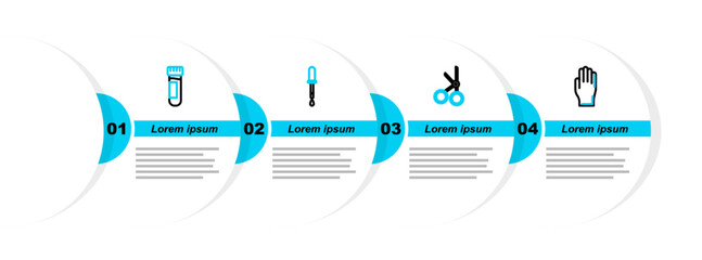 Poster - Set line Medical rubber gloves, scissors, Pipette and Test tube with blood icon. Vector