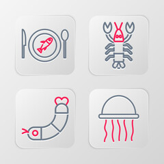 Canvas Print - Set line Jellyfish, Shrimp, Lobster and Served on a plate icon. Vector