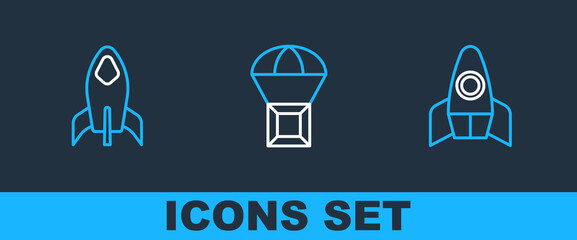Poster - Set line Rocket ship, and Box flying on parachute icon. Vector