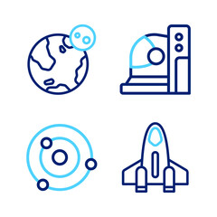 Poster - Set line Rocket ship, Solar system, Astronaut helmet and Earth globe icon. Vector