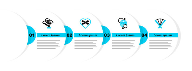Poster - Set line Traditional fan, South Korean won coin, Love with heart and Bonsai tree icon. Vector