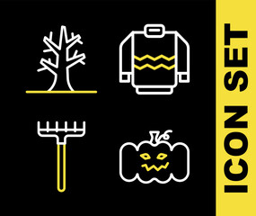 Poster - Set line Sweater, Pumpkin, Garden rake and Bare tree icon. Vector