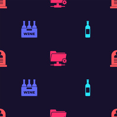 Poster - set bottle of wine, bottles box, ftp settings folder and tombstone with rip written on seamless patt