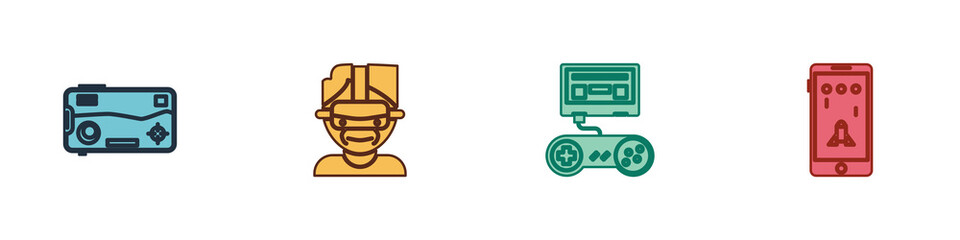 Poster - set mobile and playing in game, virtual reality glasses, game console with joystick and icon. vector