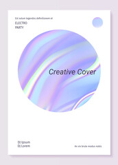 Poster - Holographic foil poster. Realistic minimal iridescent rainbow invitation banner. Purple mesh hologram flyer, circle and copy space. Abstract creative geometric cover. Vector vibrant texture