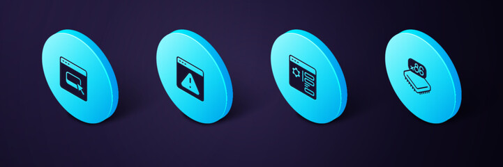 Poster - Set Isometric Processor with microcircuits CPU, Browser setting, exclamation mark and files icon. Vector
