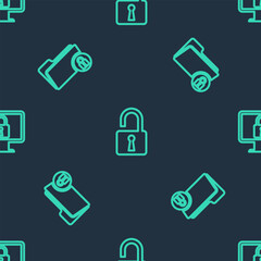 Poster - set line open padlock, folder and and lock on monitor on seamless pattern. vector