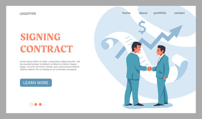 Fototapete - Contract signature landing page. Partners signing paper documents. Businessman negotiation. Business agreement. Office people handshaking. Website design template. Vector background