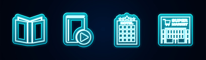 Sticker - Set line Open book, Audio, Hotel building and Supermarket. Glowing neon icon. Vector