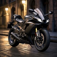 Vertical Shot Of A Yamaha R6 Sports Motorcycle Parked On A Pavement In Melbourne, Australia