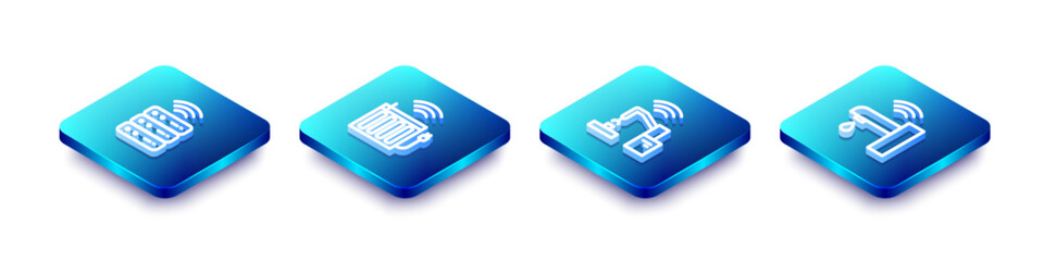 Poster - set isometric line smart server, heating radiator, robotic robot arm hand factory and water tap icon