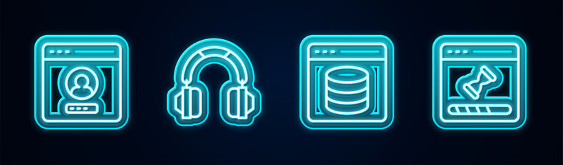 Poster - Set line Create account screen, Headphones, Server, Data, Web Hosting and Loading data window. Glowing neon icon. Vector