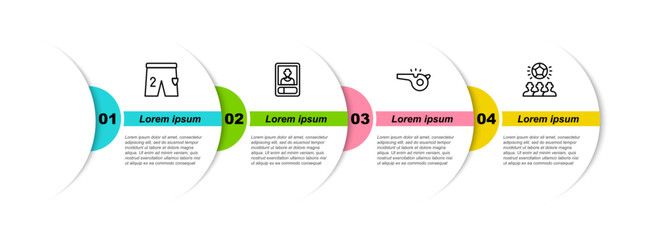 Poster - Set line Shorts for playing football, Football soccer card, Whistle and Soccer. Business infographic template. Vector