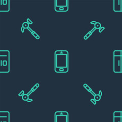 Poster - set line mobile phone, hammer and refrigerator on seamless pattern. vector