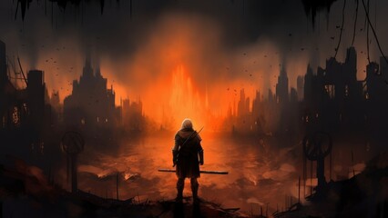 a warrior standing on many ruins against war and building burning, digital illustration art painting design style, Generative AI