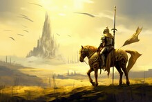 Digital Illustration Painting Design Style A Golden Knight And His Horse Walking To Field Of Swords, Generative AI