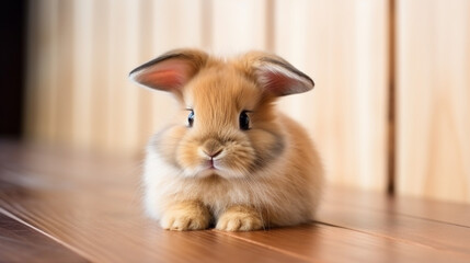 Wall Mural - close up photo of adorable pet baby bunny with paws crossed posing. generative ai