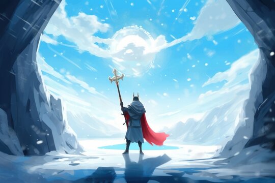 Digital illustration painting design style king with magic staff walk through his kingdom, against blue sky and blizzard, Generative AI