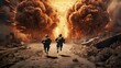 Two soldiers running in the middle of a nuclear explosion. Soldiers fighting with fire and smoke on the background. Bomb Attacke scene. Military Concept. War Concept. Battlefield.