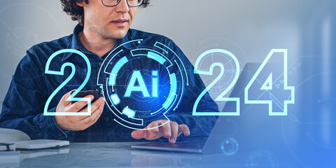 Poster - Man with phone and laptop, 2024 AI interface