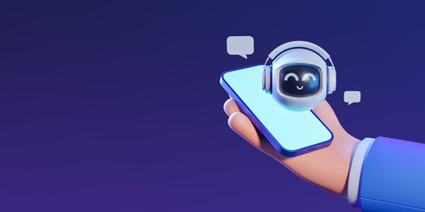 Poster - Cartoon hand with phone, smiling robot with speech bubble. Mockup screen