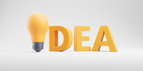 Poster - yellow word idea with light bulb on wide format white background