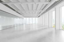 White empty office interior with workspace and glass room, panoramic window