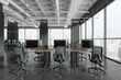 © ImageFlow - Stylish workspace interior with pc monitors on table in row, panoramic window