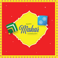 Poster - Happy Makar Sankranti Concept with Kites on Yellow and Red Background.