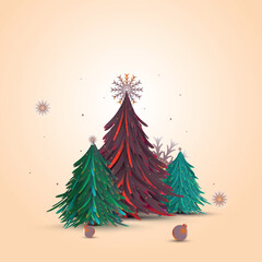 Sticker - Colorful Xmas Tree with Bronze Snowflakes and Baubles on Beige Background.