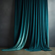 © mockupzord - Teal blue velvet curtain graciously draping in a modern room with wooden flooring and neutral walls