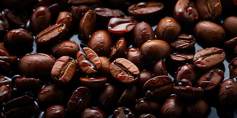 Wall Mural - Fresh coffee beans banner. Coffee beans background. Close-up food photography