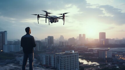 Wall Mural - a man standing in front of a drone flying over a city