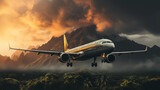 Fototapeta  - Commercial Airplane Landing at Dusk with Dramatic Sky Over Tropical Mountains. Generative AI