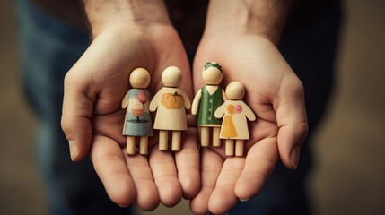 Family bonding through play: Miniature doll toy family cradled in human hands. A heartwarming love, protect, family insurance and secure concept, capturing the essence of care, and connection.