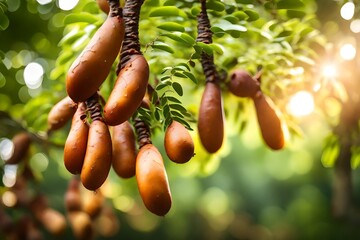 Wall Mural - Close up view ,fresh tamarind on tree in garden, sun light also present. 