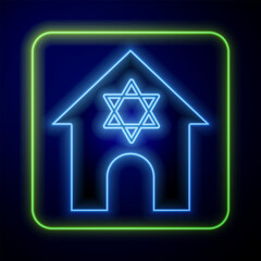 Canvas Print - Glowing neon Jewish synagogue building or jewish temple icon isolated on blue background. Hebrew or judaism construction with David star. Vector