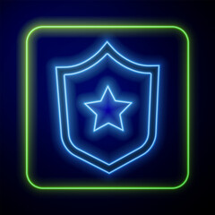 Poster - Glowing neon Military reward medal icon isolated on blue background. Army sign. Vector