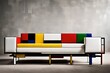 Highlight the artistic essence of a De Stijl sofa with primary colors and geometric forms. 