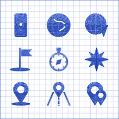 Wall Mural - Set Compass, Road traffic sign, Map pin, Wind rose, Flag, Location on the globe and Infographic of city map navigation icon. Vector