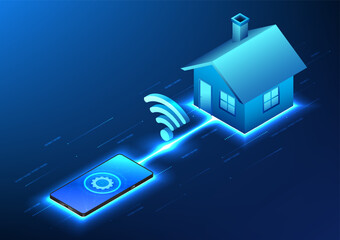 Poster - Smartphone technology connected the house With Wi-Fi show the use of mobile devices in conjunction with the electronic systems in the home through the cloud and internet systems. Vector illustration