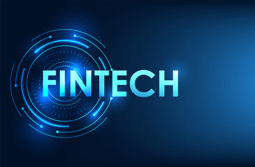 Fototapete - Financial technology Fintech is in the technology circle. It shows a bank using technology to reach users, a stock market, a company. Vector illustration in dark blue tones.