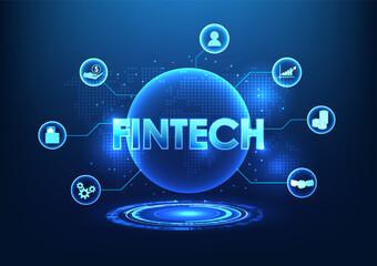 Fototapete - Financial technology Fintech connected technology circle with icons It shows finance that uses technology to reach users. More convenient and safer. Background images. Vector illustrations.