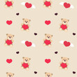Valentines day seamless pattern with bear and hearts
