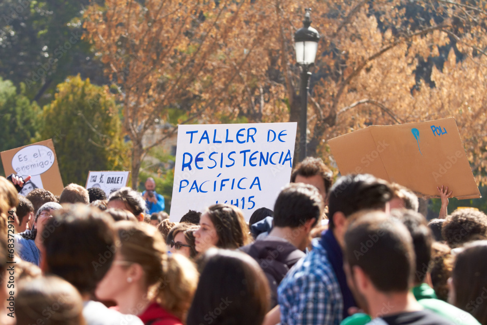 Human rights, protest and crowd with poster for freedom, peace and ...