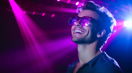 Wall Mural - Portrait of a happy guy in a night club with purple and pink spotlight wearing sunglasses. Young man in a nightclub with laser lights