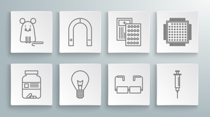 Fototapete - Set line Medicine bottle and pills, Magnet, Light bulb with concept of idea, Glasses, Syringe, Pills blister pack, Processor and Rat icon. Vector